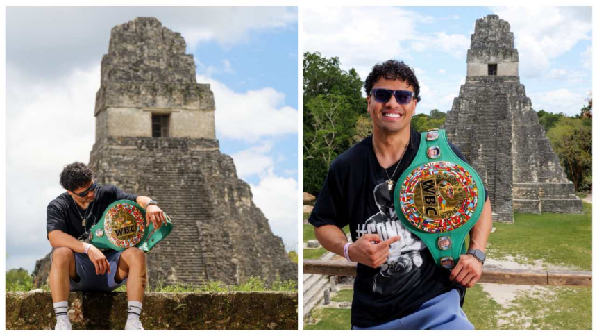 Lester Martínez shows off his interim world champion belt in Tikal, Petén