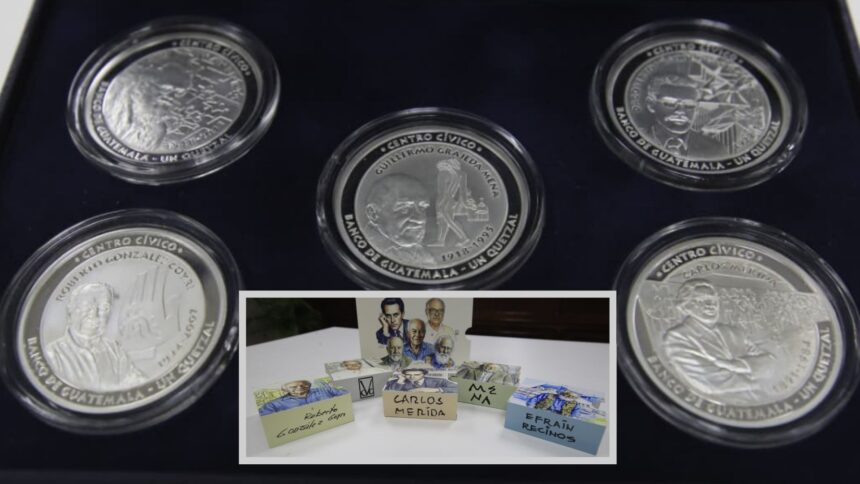 the Banguat coins for the 70 years of the Civic Center, seen in detail