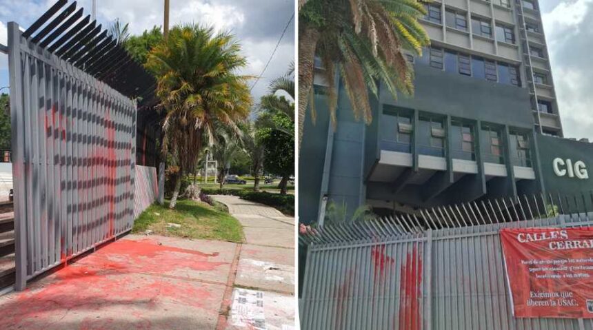 Group of hooded men vandalize the building of the Chamber of Industry of Guatemala