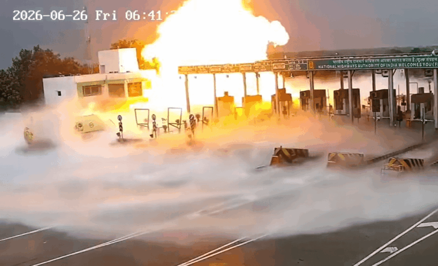 Gas tanker truck explodes at a toll booth in India, causing a fire that leaves five dead