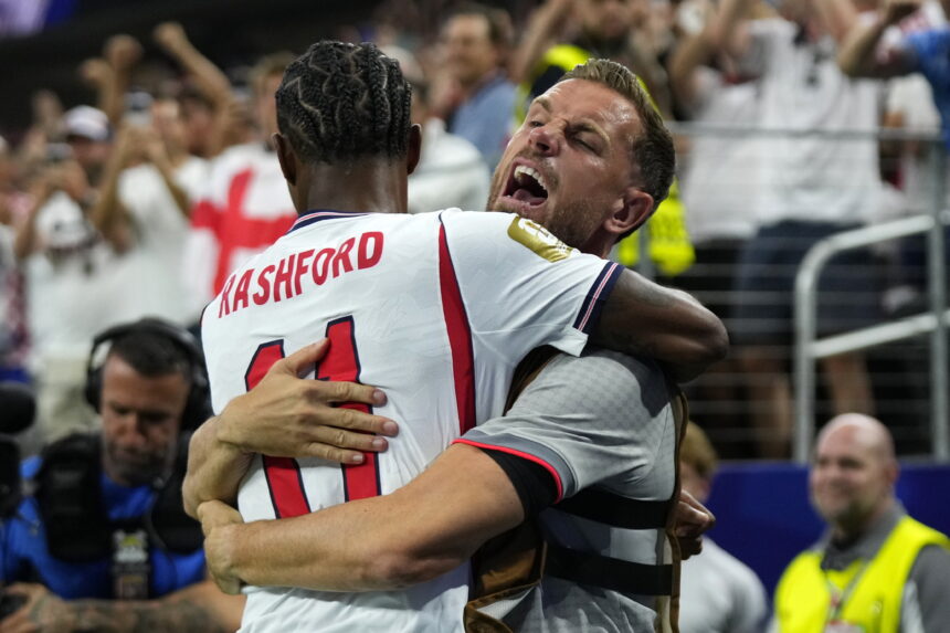 Jordan Henderson suffers a spectacular fall during England’s celebration against Mexico