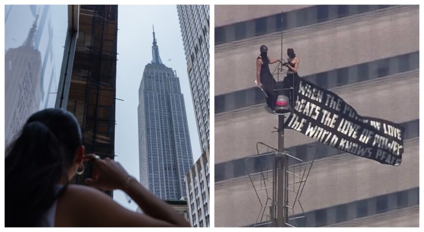 What did the mysterious banner that a couple carried to the top of the Empire State Building to get engaged say?